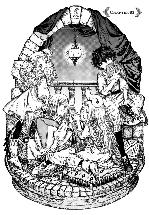 Splash artwork for Chapter 82 of Witch Hat Atelier. Counter clockwise, starting from the left: Tetia, Coco, Richeh with Brushbuddy on her head, and Agott. Art by Kamome Shirahama, published by Kodansha.